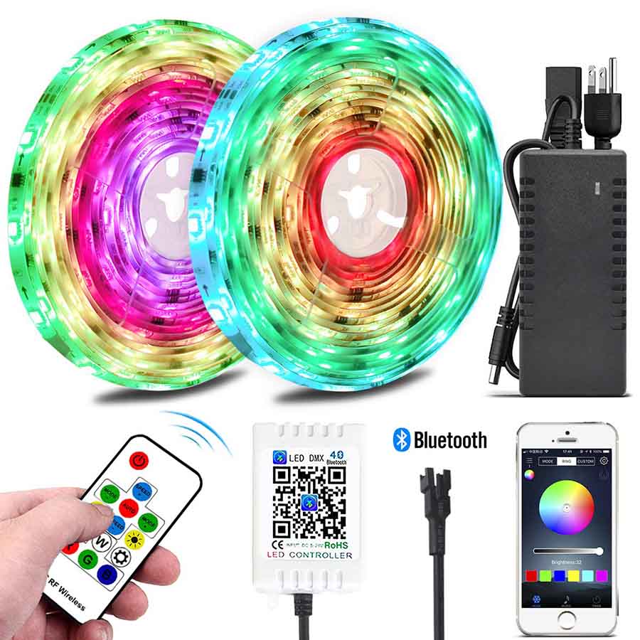Color Chasing LED Strip Light Kits, 10M/32.8ft Rainbow Colors LED Tape Lights Bluetooth Smart Phone APP & RF Remote Controlled Addressable RGB Waterproof LED Rope Lights for Christmas, Room Decoration
